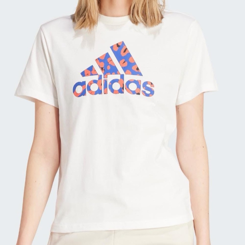 adidas White Tee with Blue and Coral Logo Print
